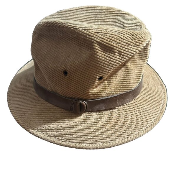 Vintage Corduroy Fedora Tan Hat 7-7 1/8 With Leather Buckled Detail Hat USA Made - Picture 4 of 11